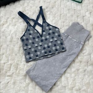 NEW-🌺free people checkered/Jacquard crop tank cross back pair w/G/K legging set